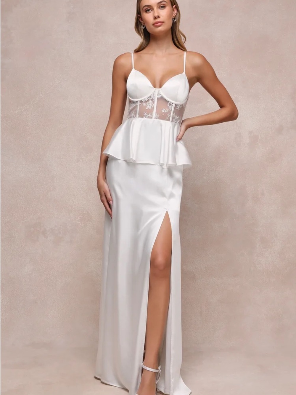 Lulu's White Satin Peplum Maxi Dress with Lace Bodice